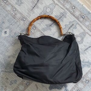 Vintage Gucci Black Nylon Leather Bamboo Hobo Bag Purse